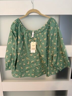 Mango Green Daisy Print Off-Shoulder Blouse